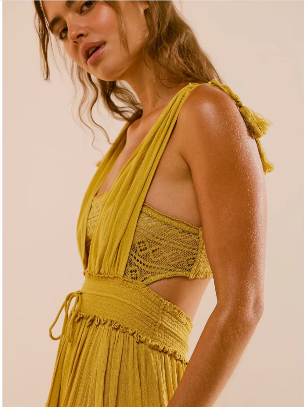 Free People Santa Maria Maxi Dress Mossy Gold Mustard Yellow Medium - Picture 2 of 7